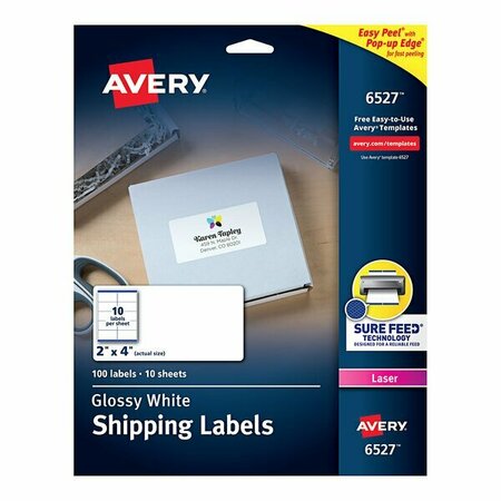 AVERY 06527 2'' x 4'' Glossy White Easy Peel Permanent Laser Printable Shipping Label, 100PK 15406527